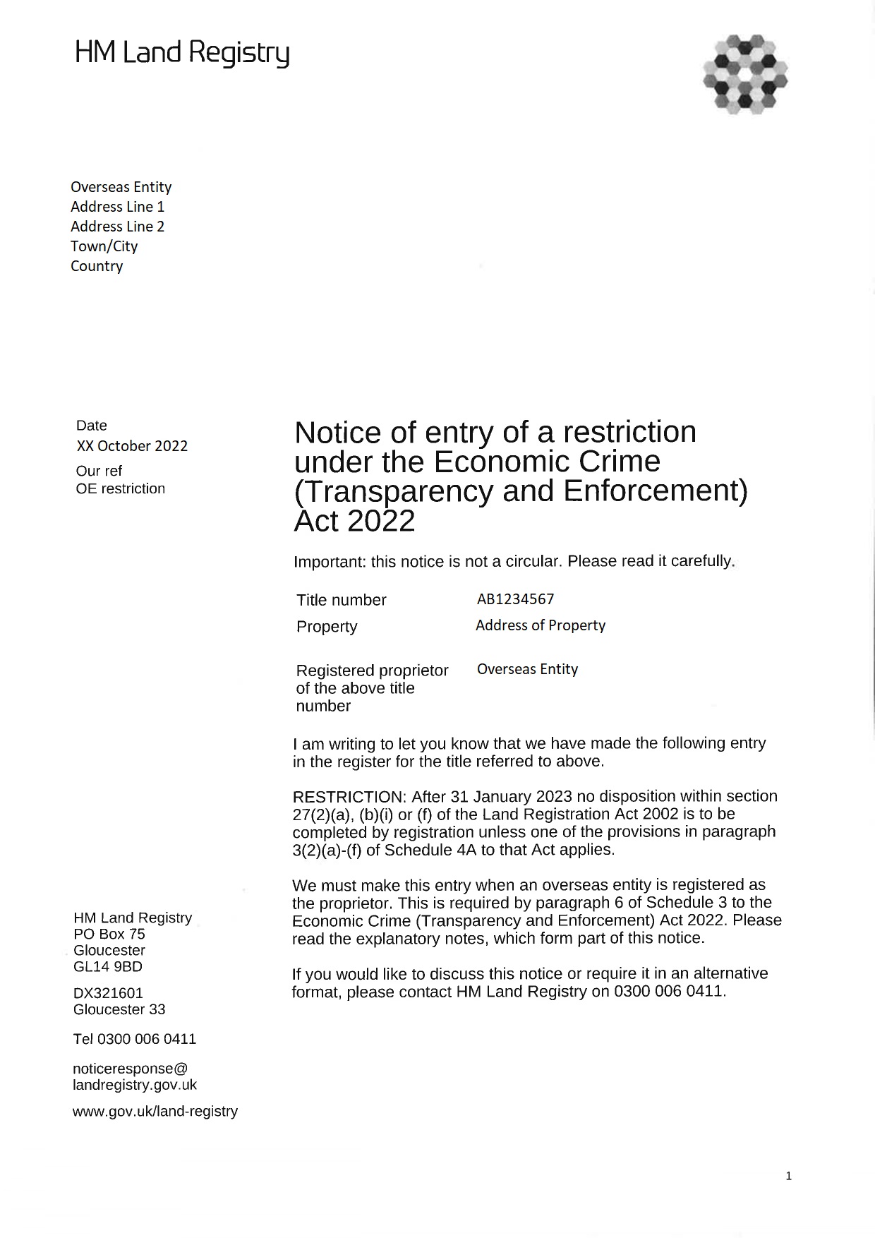 HM Land Registry Letter Notice of Entry of a Restriction, explained...