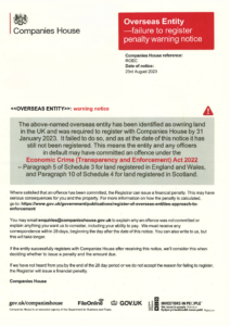 Companies House Letter Overseas Entities Warning Notice